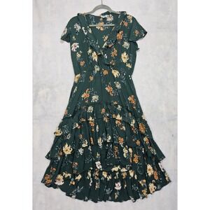 Western. Dress Sz M‎ 8 / 10 Hi-Low Green Floral Ruffles Country Yellow Romantic